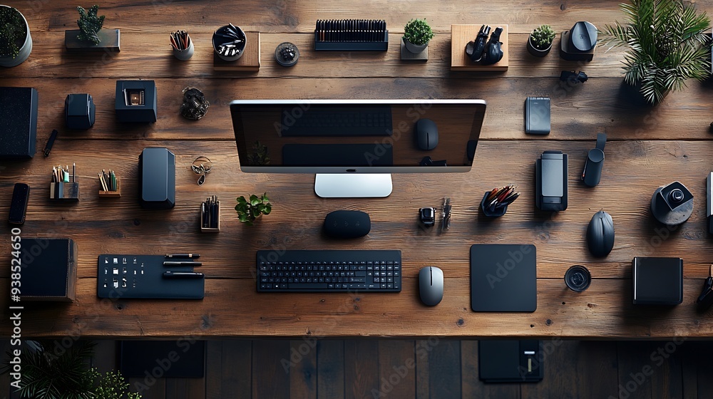 Fototapete office desktop with computer and accessories top view : generative ai