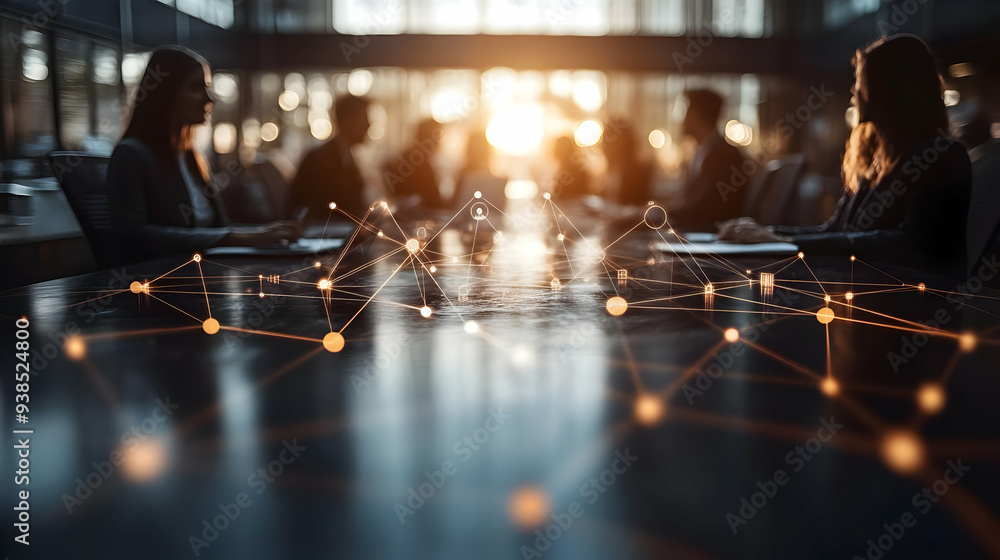 Poster abstract network connection overlay on a modern office table with people in the background.