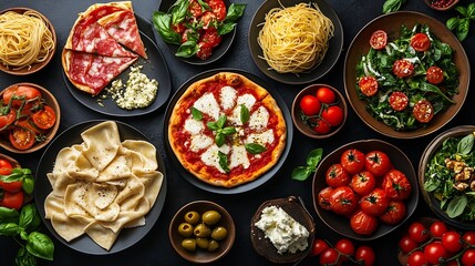Full table of italian meals on plates Pizza pasta ravioli carpaccio caprese salad and tomato bruschetta on black background Top view : Generative AI