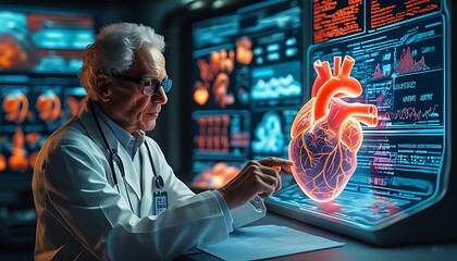 A cardiologist analyzing a holographic, 3D heart model with glowing arteries and veins, surrounded by futuristic data panels.