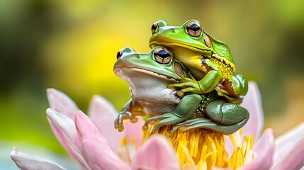 Two green frogs sitting on a flower