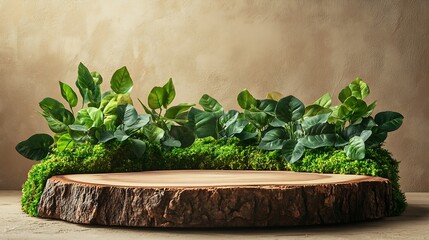 Wooden slice podium and green leaves on green moss on beige background Premium scene for product promotion beauty natural eco cosmetic Empty showcase display case : Generative AI