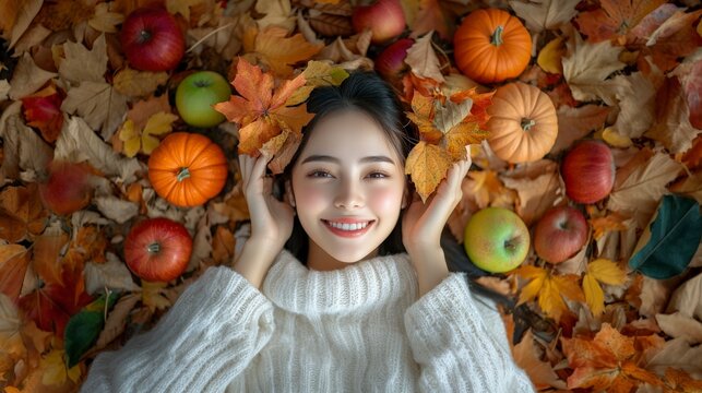 asian woman in the ground, surrounded by maple leafs, pumpkin and apples in autumn