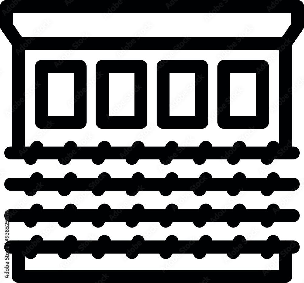 Poster simple black and white vector icon representing a train station building standing on rails for publi