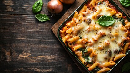 Ground Chicken Pasta Bake with onion mushrooms spinach tomato sauce and mozzarella cheese in baking dish on dark wood table : Generative AI