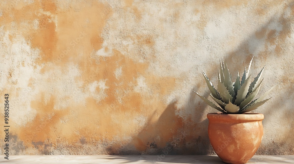 Aufkleber Empty texture stucco wall with shade and aloe clay pot Summer background with traditional home exterior Architecture design with neutral rustic aesthetic : Generative AI