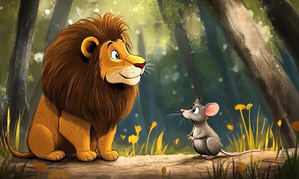 2D cartoon style illustration featuring a children s story about a lion and a rat