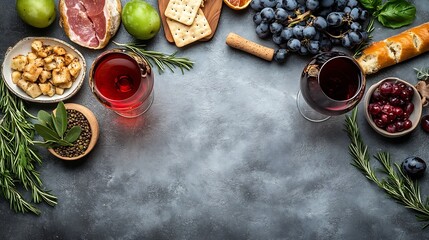 Red wine Primitivo with appetizers on gray background Traditional alcohol drinks Top view flat lay copy space : Generative AI