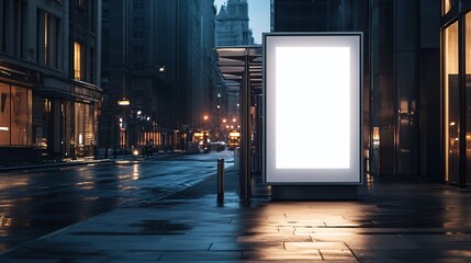 Blank white bus stop vertical billboard mockup positioned in front of an empty street, ideal for outdoor advertising, with a lightbox on the sidewalk.