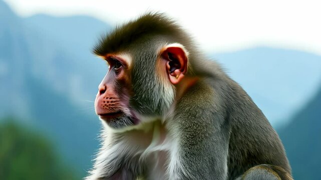 A curious monkey explores the mountainside in the early morning light
