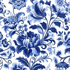 Blue and white porcelain pattern, featuring floral and leaf motifs ，A traditional hand-painted seamless pattern featuring the classic Dutch Delft blue and white color scheme.