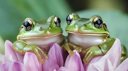 Two green frogs sitting on a flower
