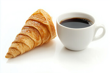 Cup of coffee and cornetto on white background.