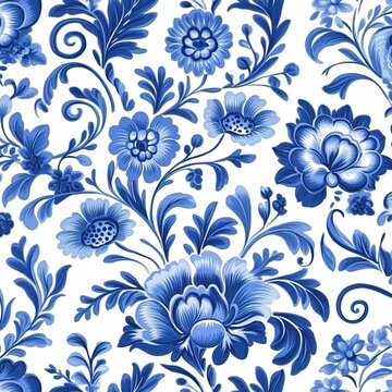 Blue and white porcelain pattern, featuring floral and leaf motifs ，A traditional hand-painted seamless pattern featuring the classic Dutch Delft blue and white color scheme.