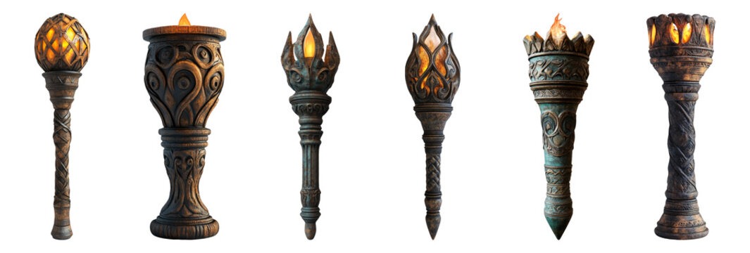 Ornate torches with ancient design set isolated on transparent background