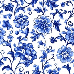 Blue and white porcelain pattern, featuring floral and leaf motifs ，A traditional hand-painted seamless pattern featuring the classic Dutch Delft blue and white color scheme.