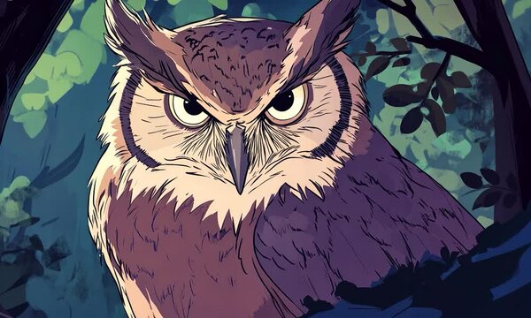 2D cartoon style illustration featuring an owl with keen eyes focused on capturing its prey