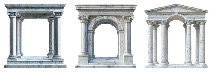 Classic architectural columns and arches in ancient Roman style isolated on transparent background