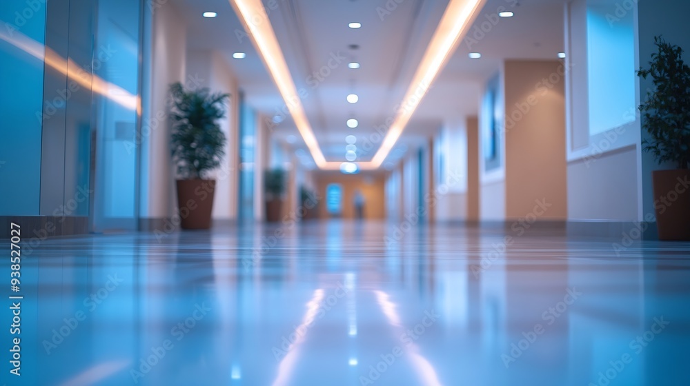 Poster blur abstract background of corridor in clean hospital blurred view of aisle in office with light fl
