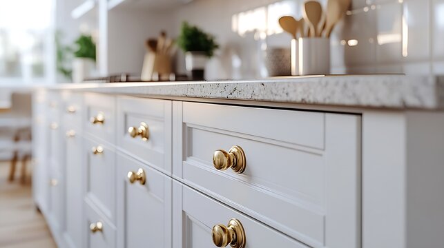 Modern kitchen interior Stylish white kitchen cabinets with brass knobs granite island appliances and evening light in new scandinavian house Modern minimal kitchen design : Generative AI