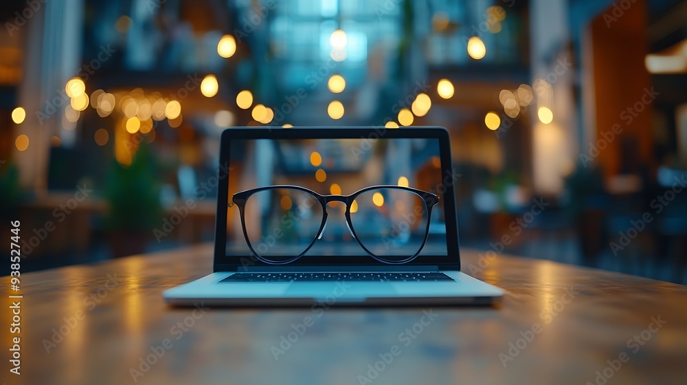 Leinwandbilder Laptop Computer notebook and eyeglasses sitting on a desk in a large open plan office space after working hours : Generative AI