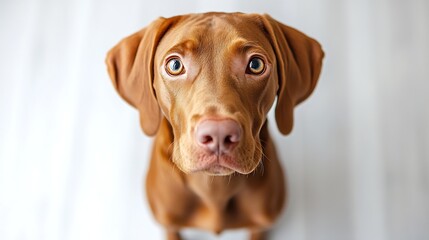 View from above of young purebred Hungarian Vizsla dog looking at camera against white studio background Fish eye effect Concept of pet lovers animal life grooming and veterinary Copy  : Generative AI