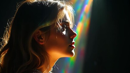 Young woman's profile illuminated by prismatic light. Rainbow hues dance across her face and hair. Dark background enhances the ethereal atmosphere, evoking introspection and wonder. - Powered by Adobe