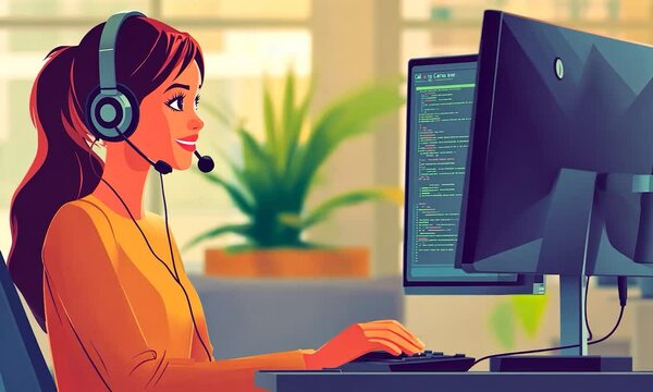 2D cartoon style illustration of a call center operator assisting customers Contemporary and vibrant design