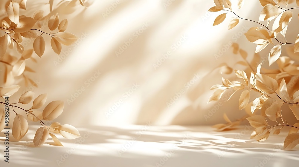 Poster background shadow studio autumn beige plant overlay podium 3d white light design table product room 