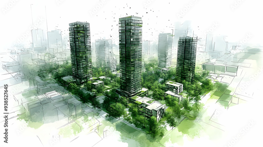 Poster architectural rendering of three modern high-rise buildings with green spaces.