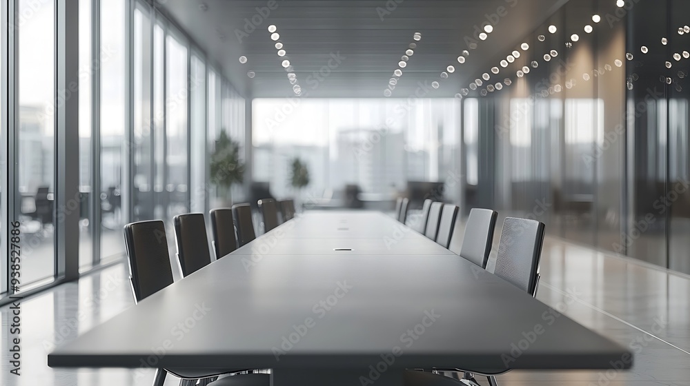 Poster an office in gray tones with long tables and chairs in a worker meeting room with large window and n