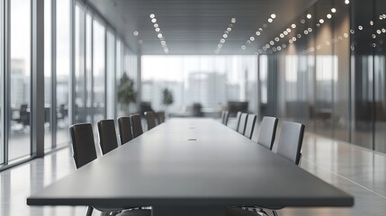 An office in gray tones with long tables and chairs in a worker meeting room with large window and natural light The concept of the office of managers or the office of the future call  : Generative AI