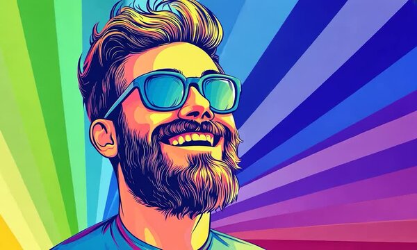 2D cartoon style illustration of a cheerful bearded man with a rainbow gradient line design