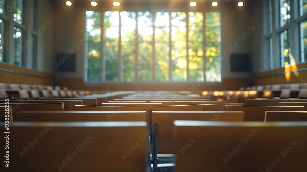 Poster empty university classroom with wooden chairs and desks modern university lecture room without stude