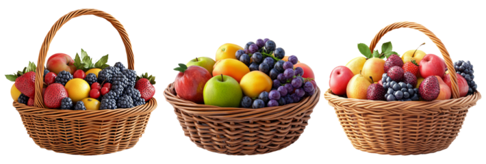 Three wicker baskets filled with fresh fruits isolated on transparent background