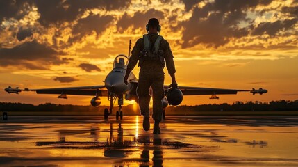 Photo of Air Force pilot getting out of his fighter jet. The ground is wet, and there are some reflections on it. The pilot holds his helmet under one arm while walking away from the aircraft.