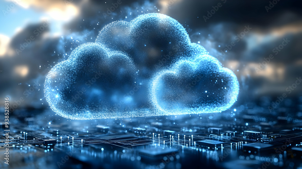 Poster blue cloud computing symbol with glowing particles above a circuit board.