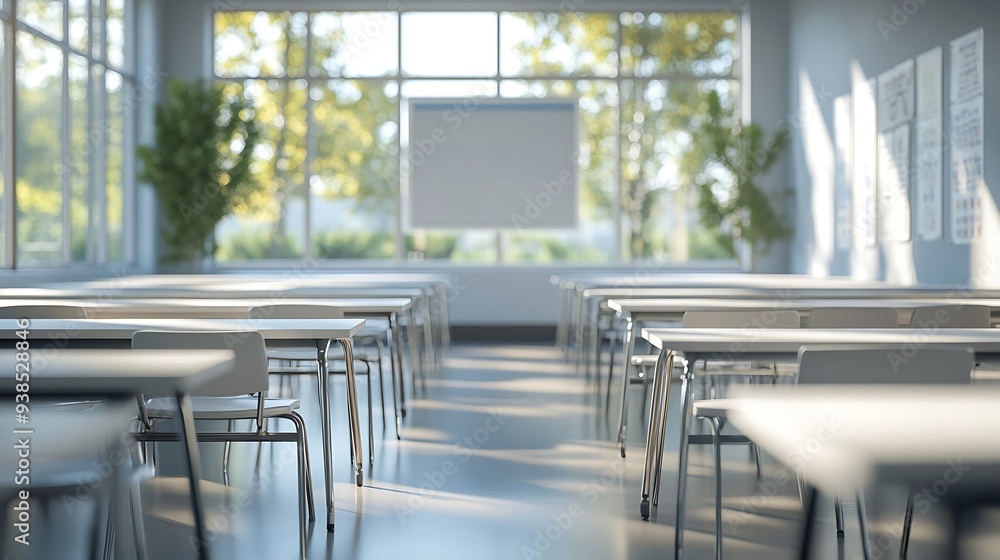 Poster back to school concept empty classroom with white tables and chairs : generative ai