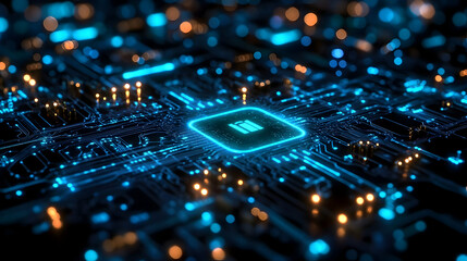 Blue glowing circuit board with a white icon in the center.