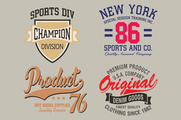 Sport wear typography emblem collection, T-shirt stamp graphic set, skate vintage tee print, athletic apparel design graphic print. Vintage Print for sportswear apparel, Athletic sport labels typograp