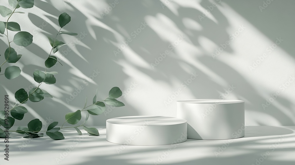 Poster two empty white cylinder shaped podium and natural green eucalyptus branch with shadows on light gre