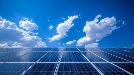 Solar Panels Against Blue Sky and Fluffy Clouds