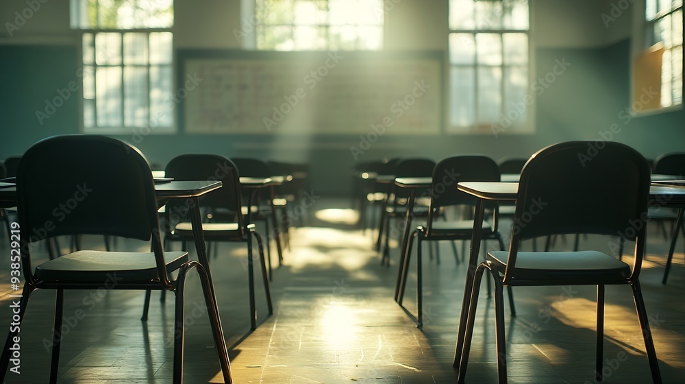 Poster Empty classroom with black chairs and small tables for writing notes without students and teachers : Generative AI
