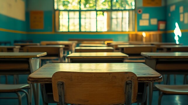 Classroom desks lined up ready to start classes at a school in Brazil : Generative AI