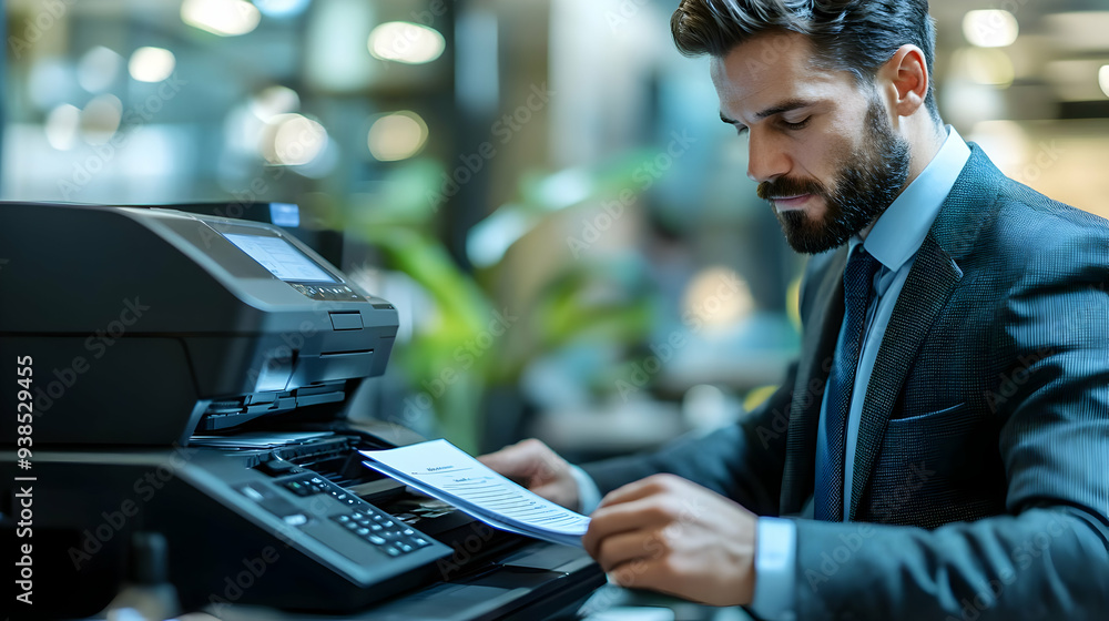 Poster businessman using a multifunction printer to scan documents.