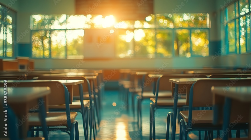 Fototapete school classroom in selective focus background without young student blurry view of elementary class