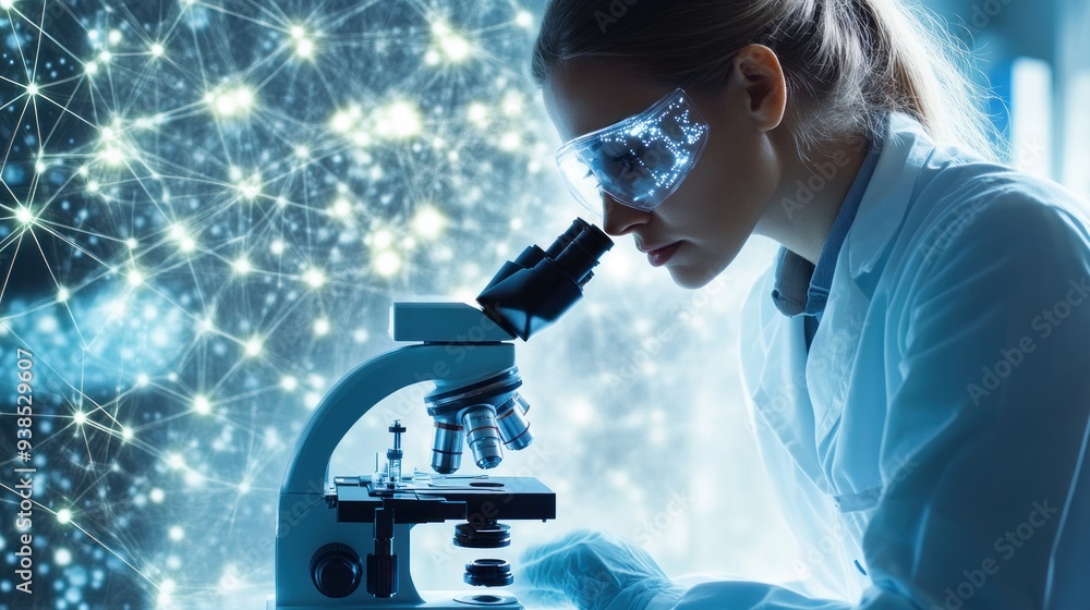 Poster scientist using microscope in a lab
