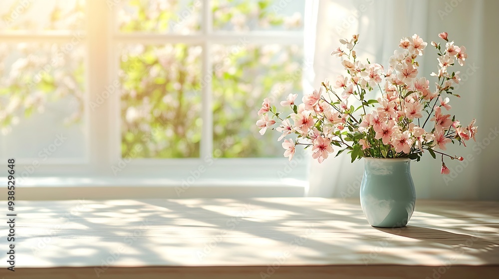 Aufkleber Table background of free space and kitchen interiorWhite wall with shadows and sunny warm morning timeCopy space for your composition Easter table with spring flowers in a sunny April  : Generative AI