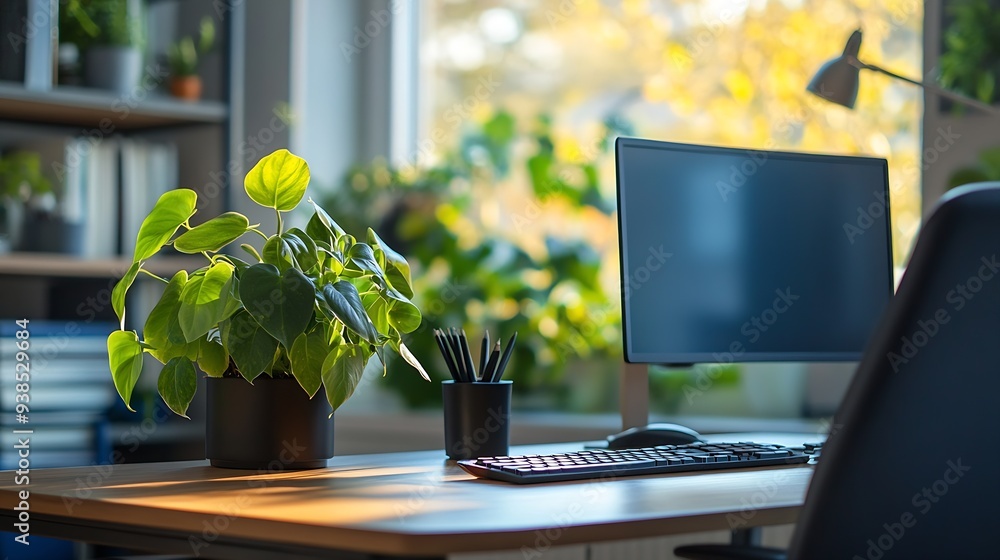 Poster empty workplace with desk and plant in office room copy space work from an atmospheric home office f