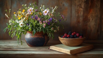 Summer Still Life with Flowers and Blackberries